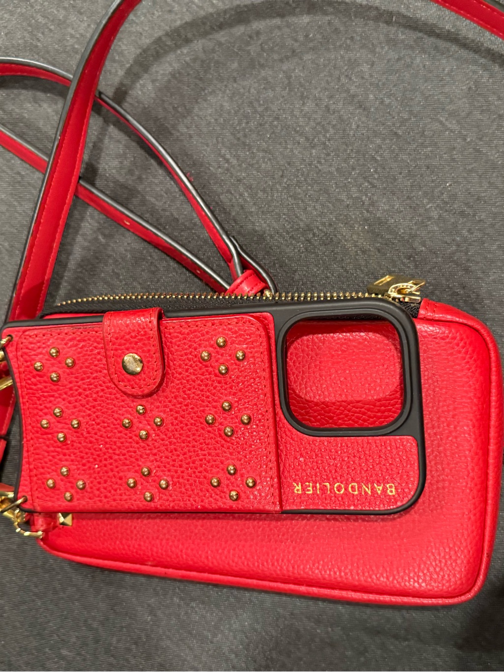 Bandolier Red Studded Crossbody Phone Bag With Gold Hardware